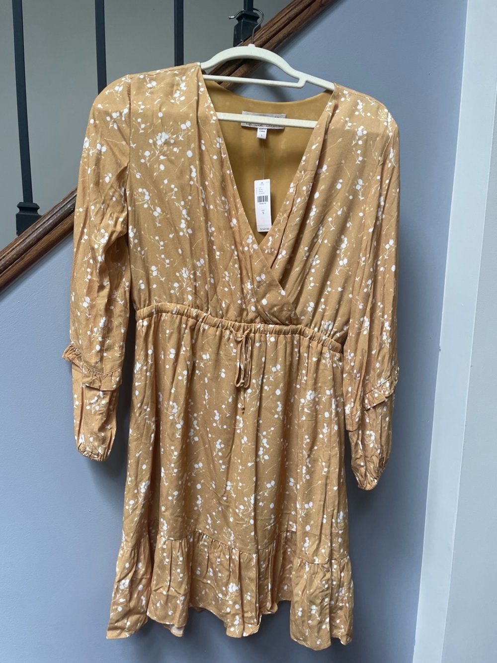 Mustard Floral Wrap-Style Dress